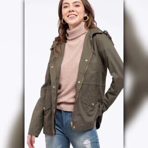 A410◾Lightweight Olive Cotton Utility Jacket With Hood Drawstring Waist